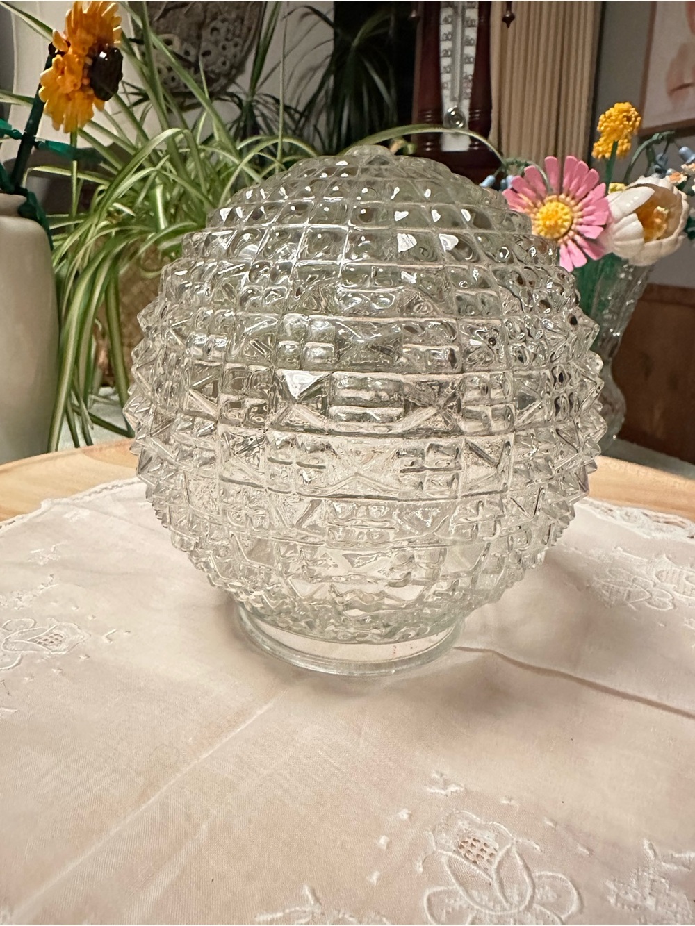 Vintage Clear Pressed Glass Light Globe Shade Diamond Point Geometric